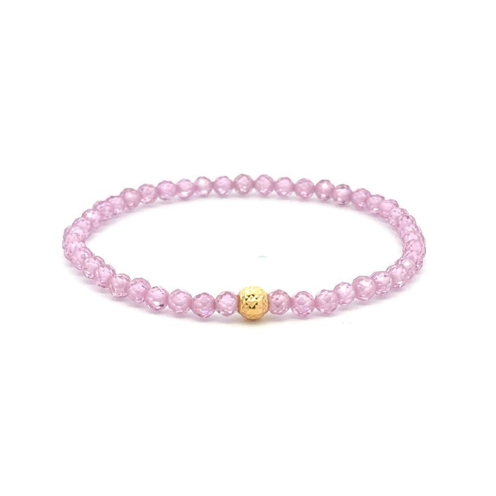 18K Gold Bead Charm Stretchable Bracelet Pink  Faceted Zircon Gemstones